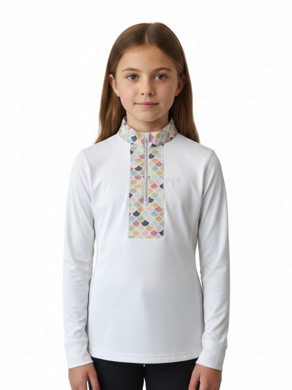 TuffRider Girls White Mermaid Scale Quarter Zip Equestrian Show Shirt Medium M